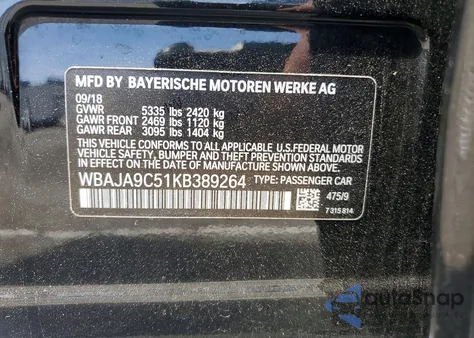 2019 BMW 530E из США, поврежденный, VIN WBAJA9C51KB389264